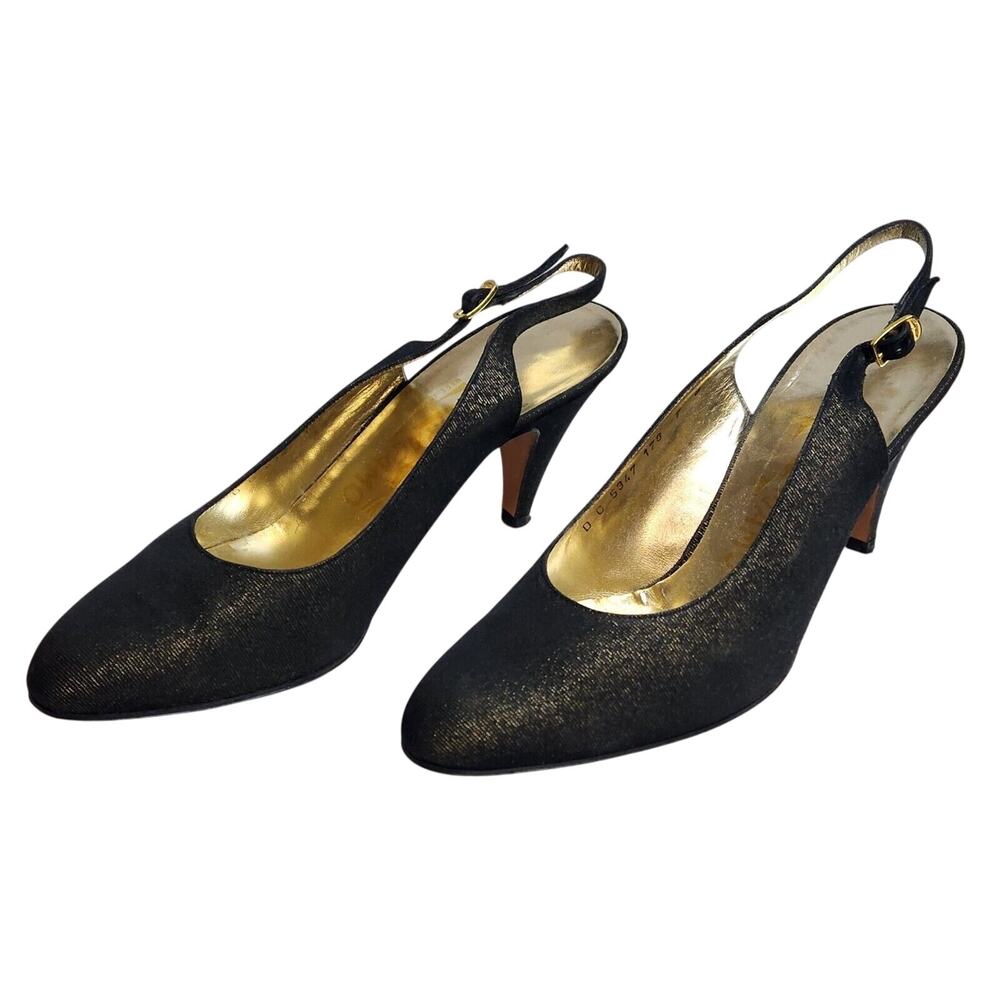 Vintage Salvatore Ferragamo Womens Black & Gold Satin Slingback Heels-Size 7B